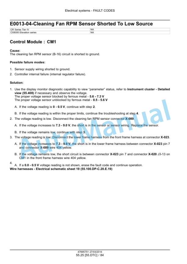 New Holland CR9090, CX8080, CX8090 Elevation Tier 4A Combine Service Manual 47712616-2