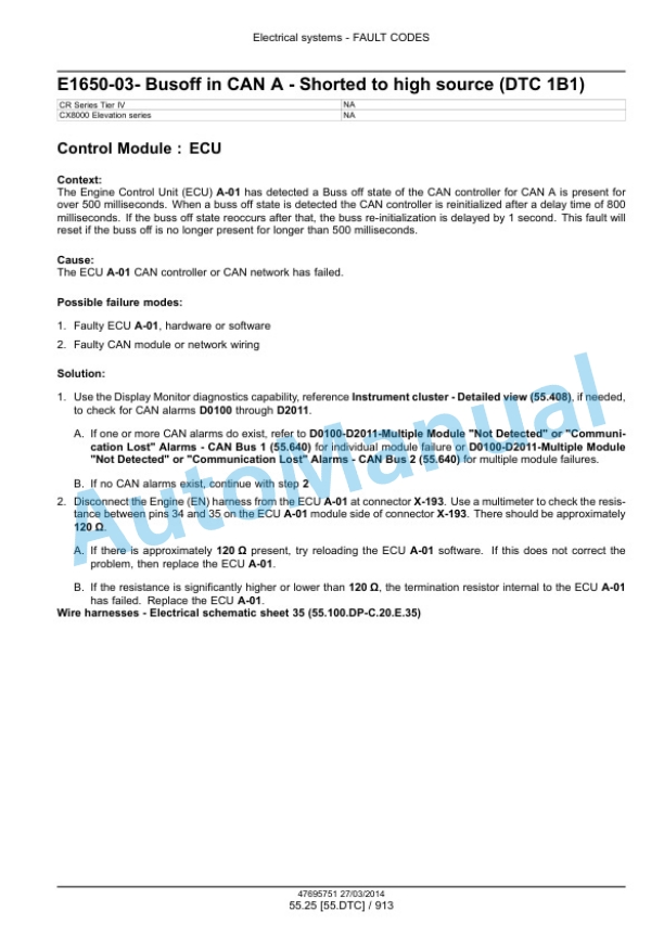 New Holland CR9090, CX8080, CX8090 Elevation Tier 4A Combine Service Manual 47712618-3