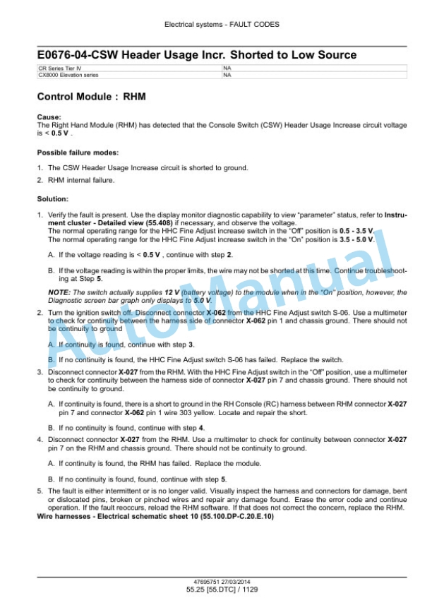 New Holland CR9090, CX8080, CX8090 Elevation Tier 4A Combine Service Manual 47712618-5