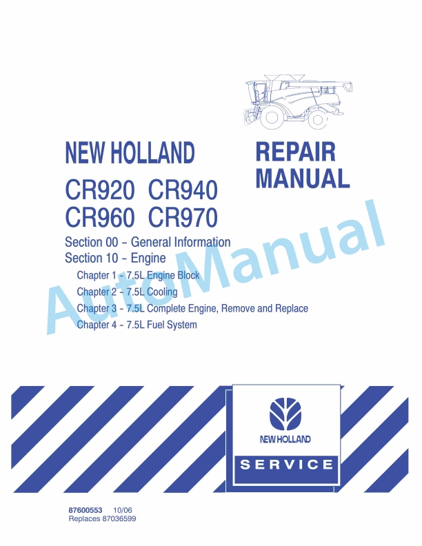 New Holland CR920, CR940, CR960, CR970 Combine Repair Manual 87600553