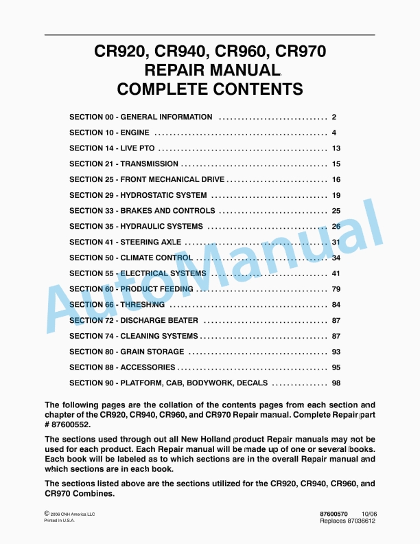 New Holland CR920, CR940, CR960, CR970 Combine Repair Manual 87600570
