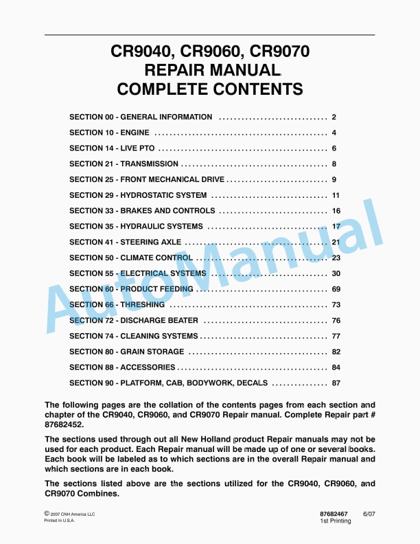 New Holland CR940, CR960, CR970 Combine Repair Manual 87682467