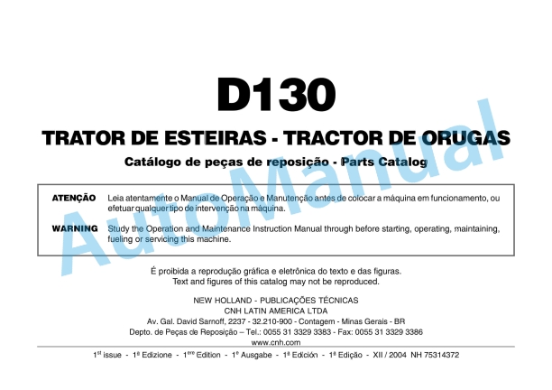 New Holland D130 Crawler Tractor Parts Catalogue 75314372 BR