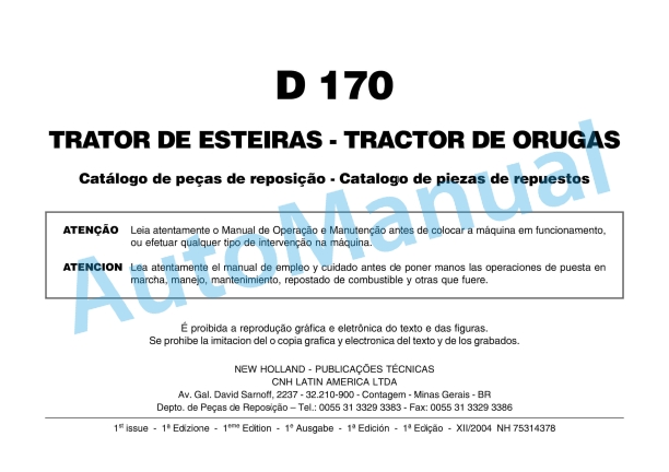 New Holland D170 Crawler Tractor Parts Catalogue 75314378 BR