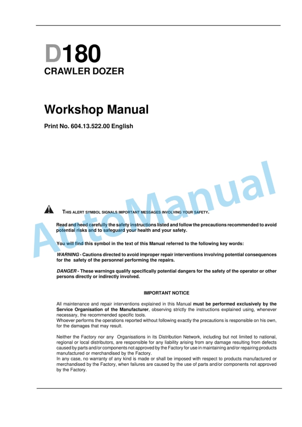 New Holland D180 Crawler Dozer Workshop Manual 6041352200