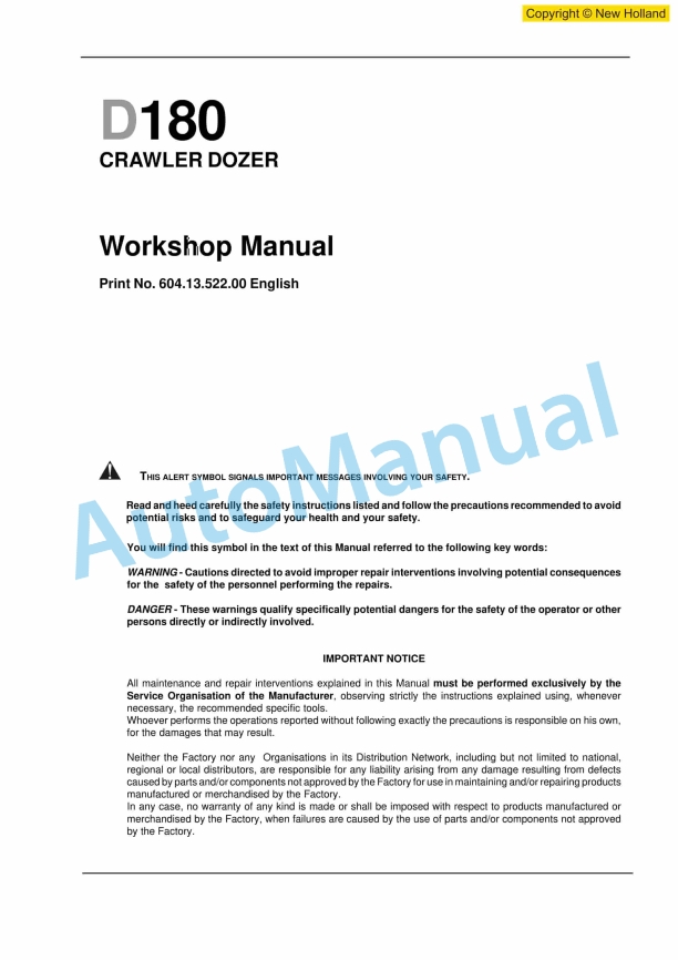 New Holland D180 Crawler Dozer Workshop Manual 6041352200EN