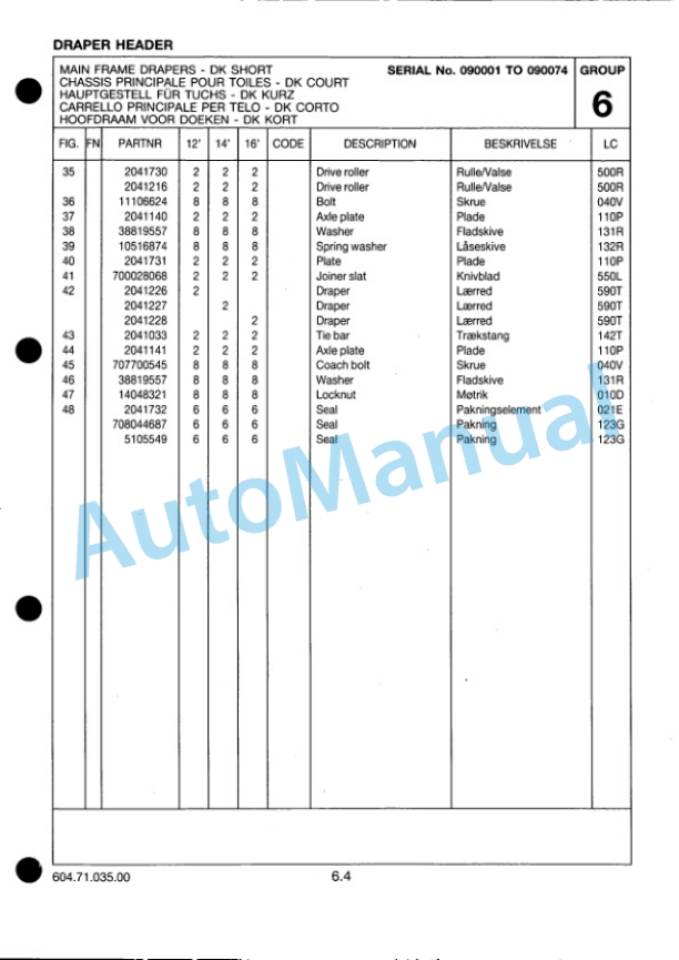 New Holland Draper Header Parts Catalogue 6047103500-2
