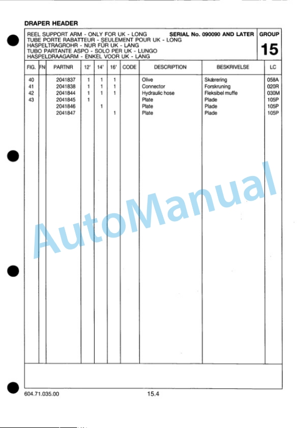New Holland Draper Header Parts Catalogue 6047103500-3