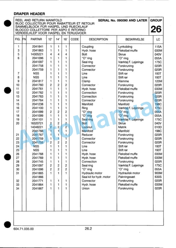 New Holland Draper Header Parts Catalogue 6047103500-4
