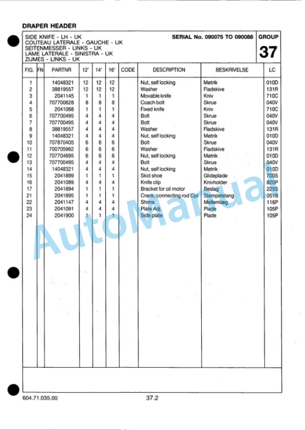 New Holland Draper Header Parts Catalogue 6047103500-5