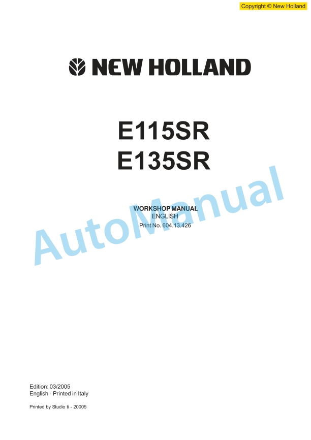 New Holland E115SR, E135SR Excavator Workshop Manual 60413426