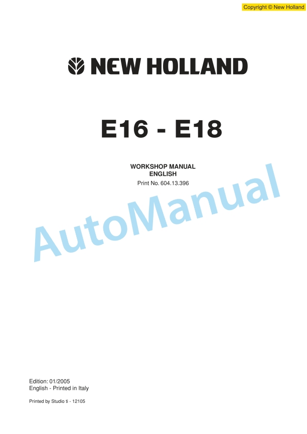 New Holland E16, E18 Excavator Workshop Manual 60413396