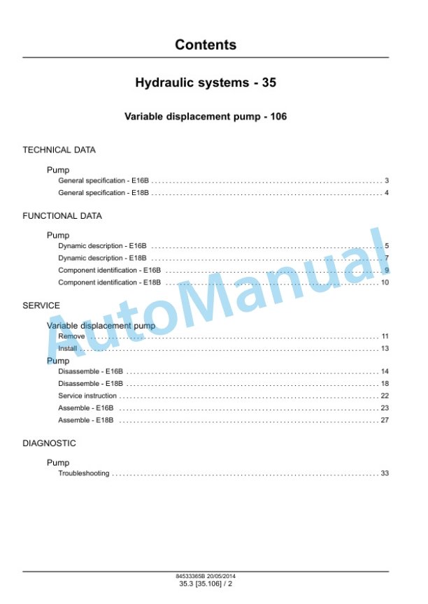 New Holland E16B, E18B Mini Excavator Service Manual 84533365B-3