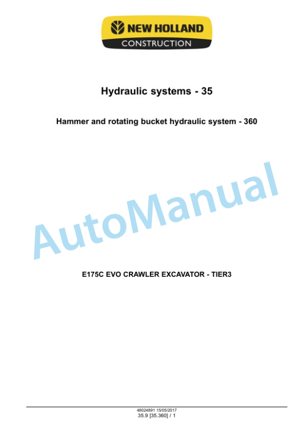 New Holland E175C EVO Crawler Excavator Service Manual 48024891-3