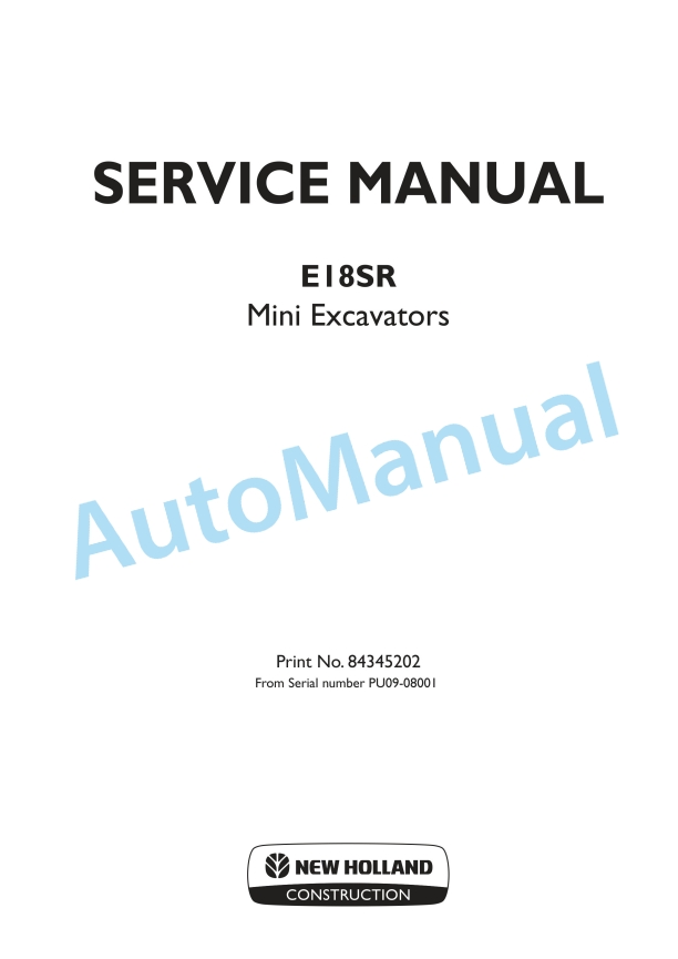 New Holland E18SR Mini Excavator Service Manual 84345202