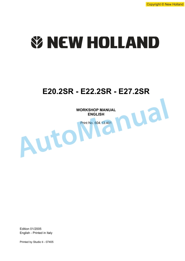 New Holland E20.2SR, E22.2SR, E27.2SR Hydraulic Excavator Workshop Manual 60413401