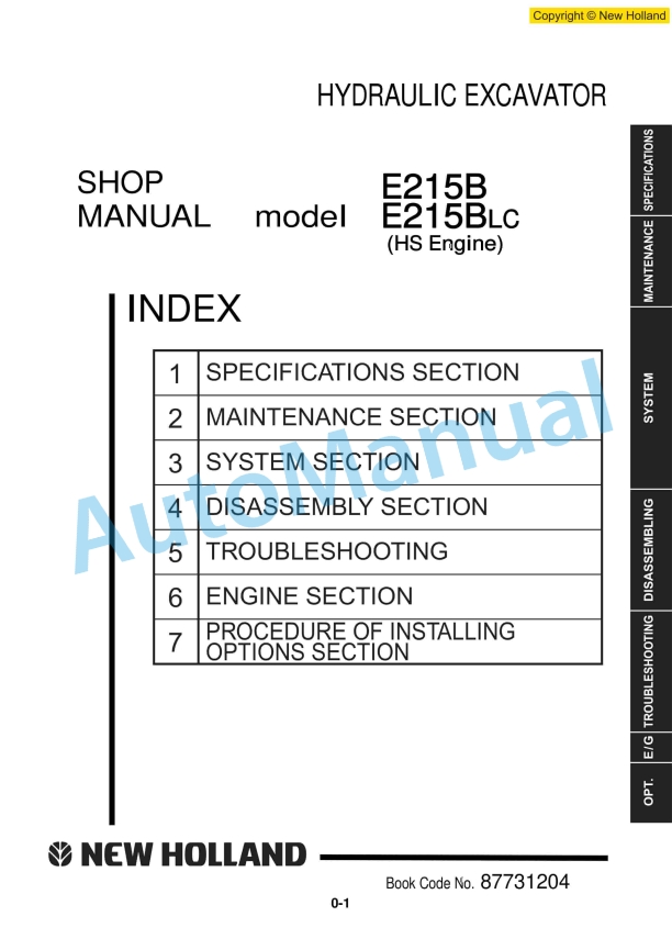 New Holland E215B, E215BLC Hydraulic Excavator Shop Manual 87731204