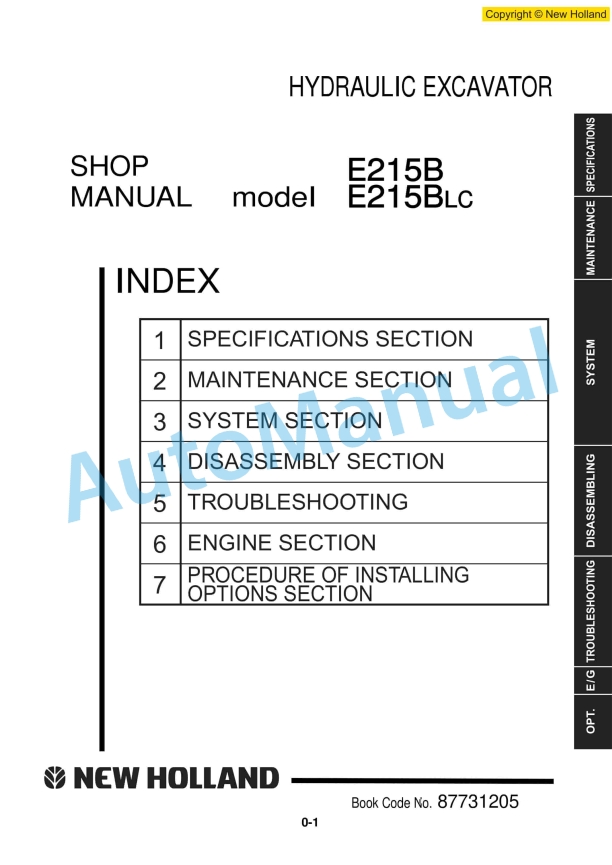New Holland E215B, E215BLC Hydraulic Excavator Shop Manual 87731205