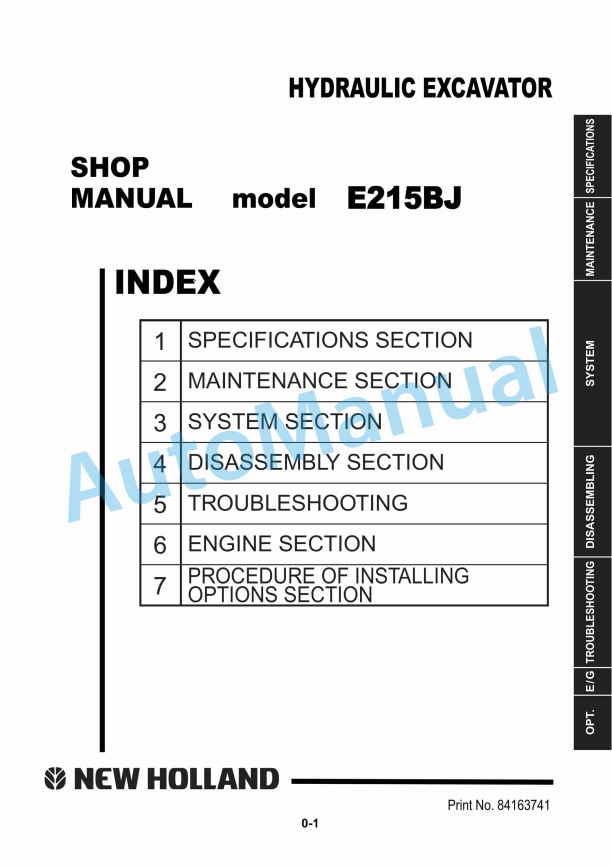 New Holland E215BJ Hydraulic Excavator Shop Manual 84163741