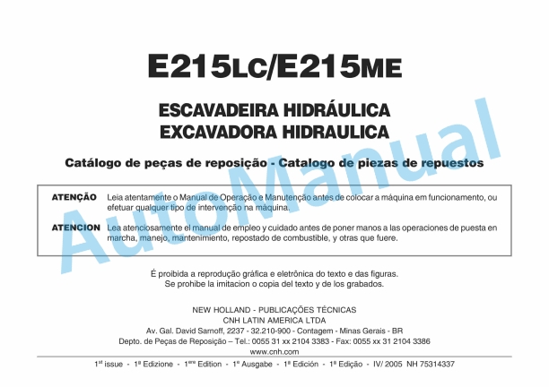 New Holland E215LC, E215ME Hydraulic Excavator Parts Catalogue 75314337 BR