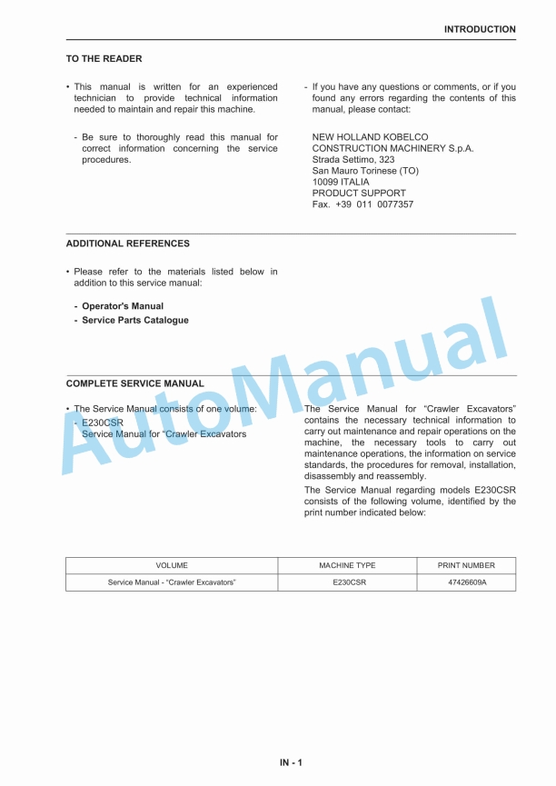 New Holland E230CSR Crawler Excavator Service Manual 47426609A