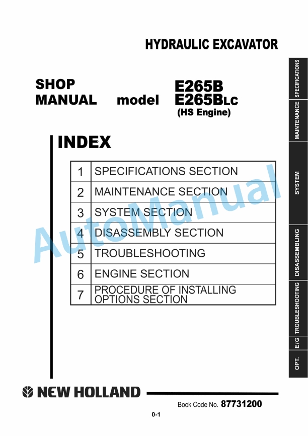 New Holland E265B, E265BLC - HS Engine Hydraulic Excavator Shop Manual 87731200