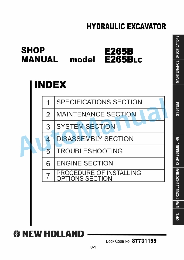 New Holland E265B, E265BLC Hydraulic Excavator Shop Manual 87731199