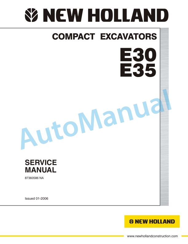 New Holland E30, E35 Compact Excavator Service Manual 87360586NA