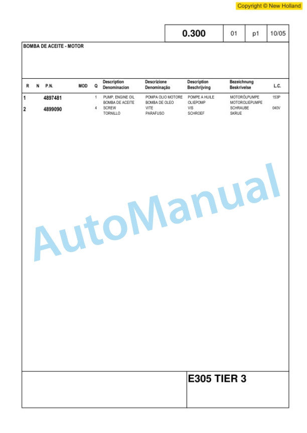 New Holland E305 Excavator Parts Catalogue 6040434300-2
