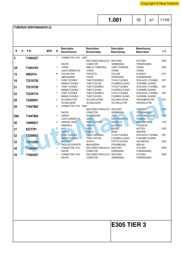 New Holland E305 Excavator Parts Catalogue 6040434300-3