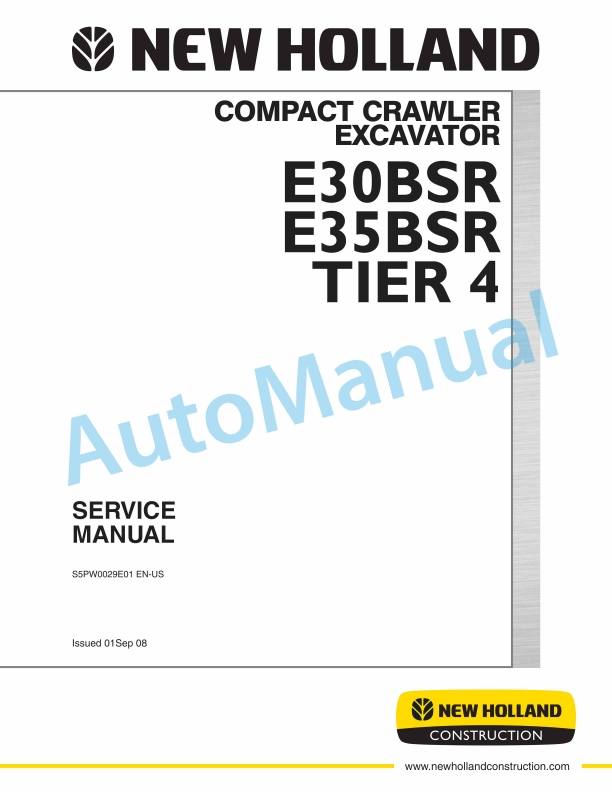 New Holland E30BSR, E35BSR Tier 4 Compact Crawler Excavator Service Manual S5PW0029E01EN-US