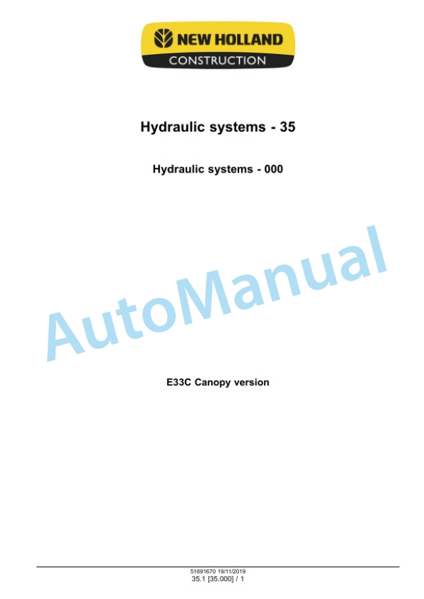 Alternative view of New Holland E33C Mini Excavator Service Manual 51691670