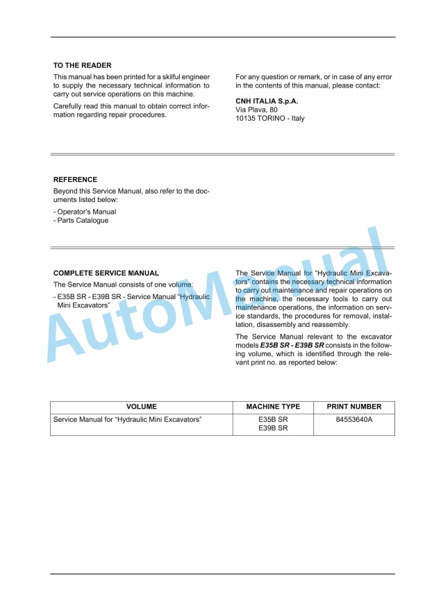 New Holland E35B SR, E39B SR Hydraulic Mini Excavator Service Manual 84553640A