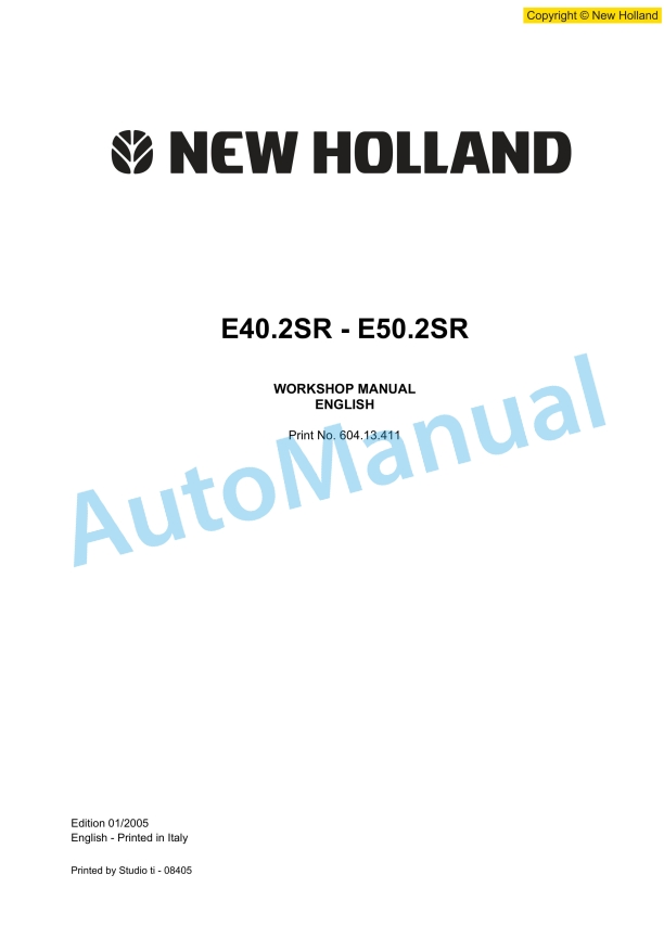 New Holland E40.2SR, E50.2SR Hydraulic Excavator Workshop Manual 60413411