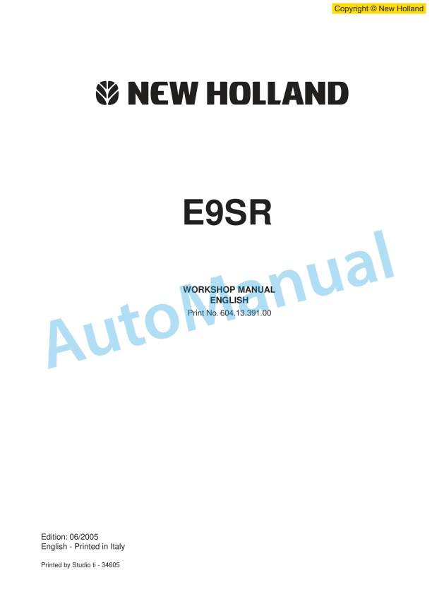 New Holland E9SR Hydraulic Excavator Workshop Manual 6041339100