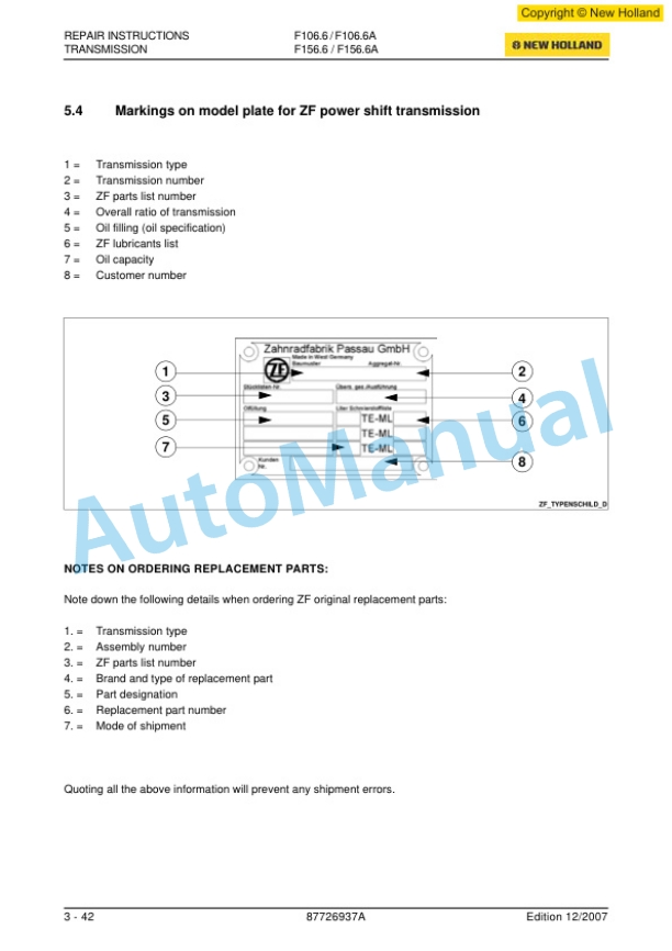 Alternative view of New Holland F106.6, F106.6A, F156.6, F156.6A Grader Service Manual 87726937A
