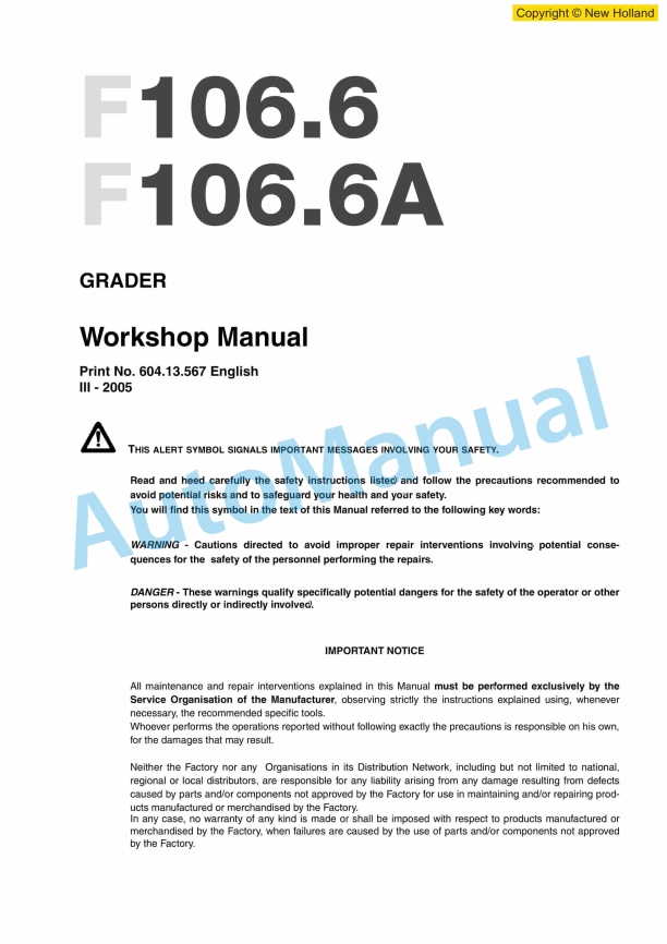 New Holland F106.6, F106.6A Grader Workshop Manual 60413567EN