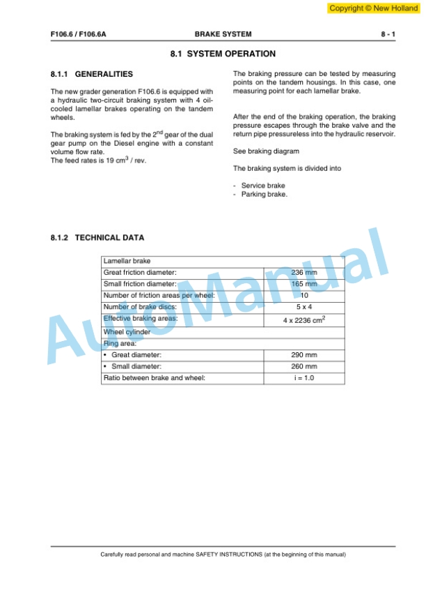 New Holland F106.6, F106.6A Grader Workshop Manual 60413567EN-5