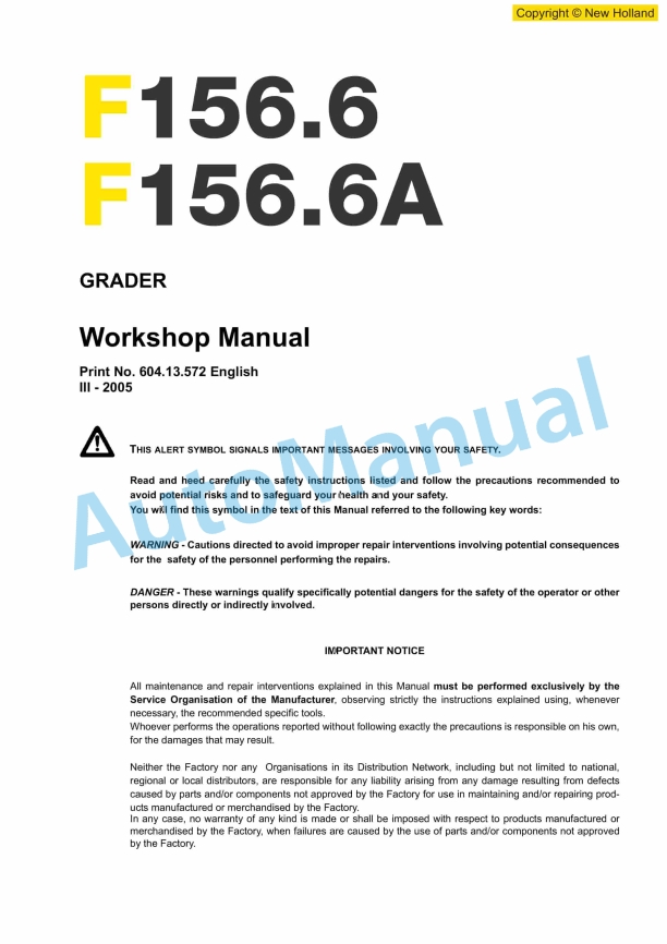 New Holland F156.6, F156.6A Grader Workshop Manual 60413572EN