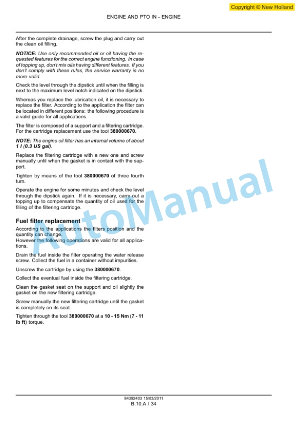New Holland F4DFE613A-A, F4DFE613B-A, F4DFE613C-A, F4DFE613D-A, F4DFE613G-A, F4DFE613H-A, F4DFE613J-A, F4DFE613K Service Manual 84392403-2