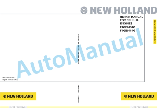 New Holland F4GE0454C, F4GE0484G Engine Repair Manual 60413612