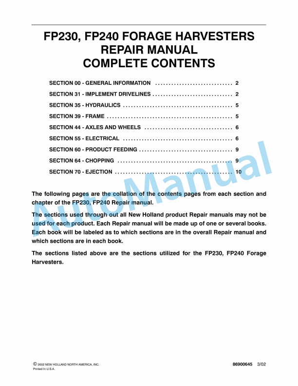 New Holland FP230, FP240 Forage Harvester Repair Manual 86900645