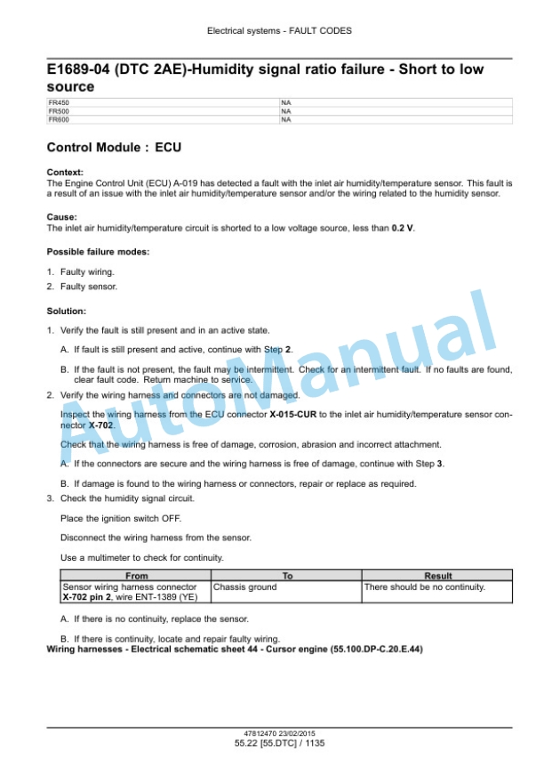 New Holland FR450, FR500, FR600, FR700, FR850 Forage Harvester Service Manual 47849563-2