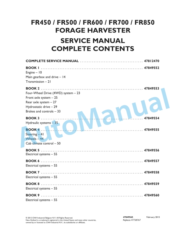 New Holland FR450, FR500, FR600, FR700, FR850 Forage Harvester Service Manual 47849565