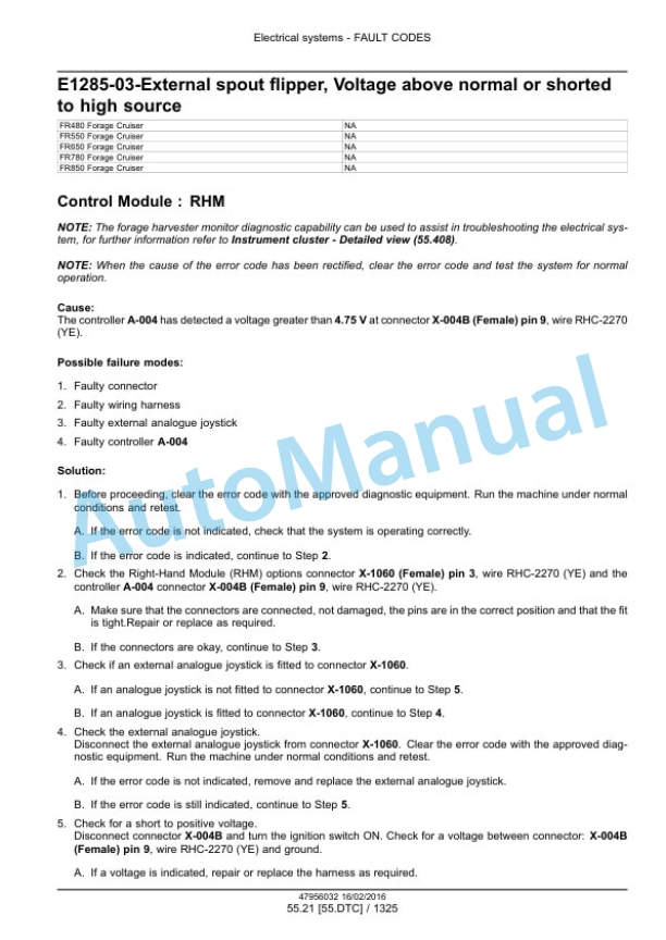 New Holland FR480, FR550, FR650, FR780 Tier 4B Final, FR850 Tier 2 Forage Harvester Service Manual 47985298-5