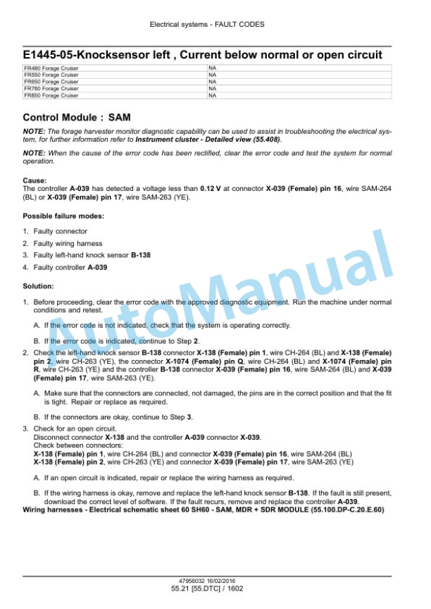 New Holland FR480, FR550, FR650, FR780 Tier 4B Final, FR850 Tier 2 Forage Harvester Service Manual 47985299-4
