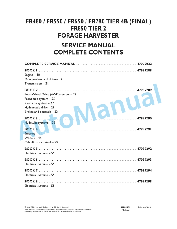 New Holland FR480, FR550, FR650, FR780 Tier 4B Final, FR850 Tier 2 Forage Harvester Service Manual 47985301