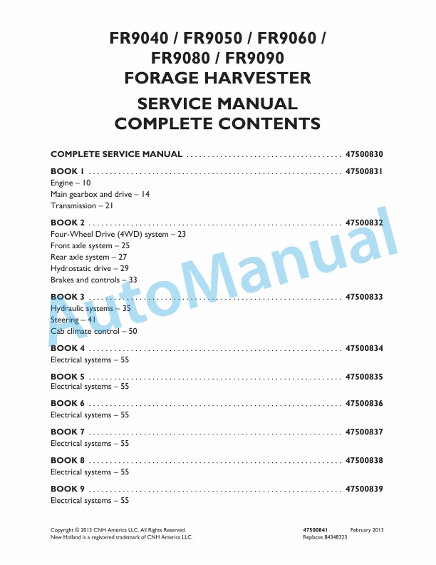 New Holland FR9040, FR9050, FR9060, FR9080, FR9090 Forage Harvester Service Manual 47500841