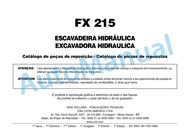 New Holland FX215 Hydraulic Excavator Parts Catalogue 75314384 BR