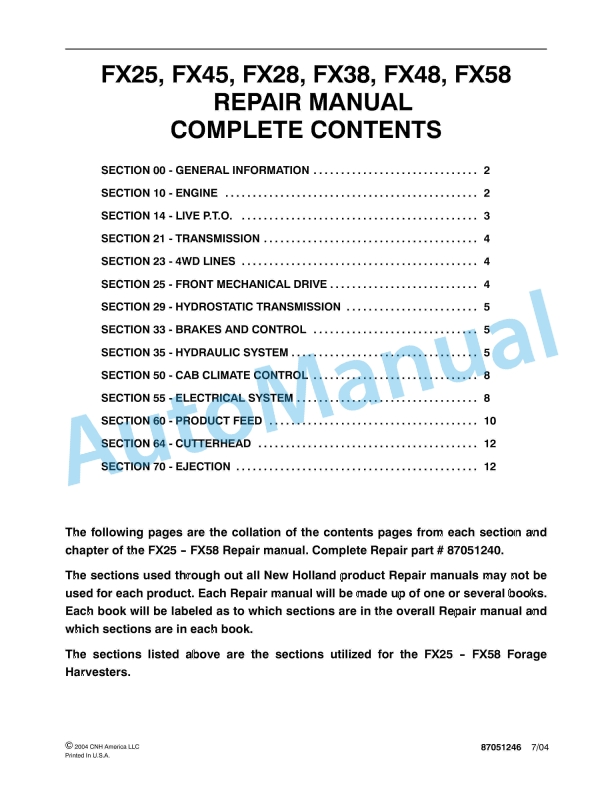 New Holland FX25, FX45, FX28, FX38, FX48, FX58 Forage Harvester Repair Manual 87051246